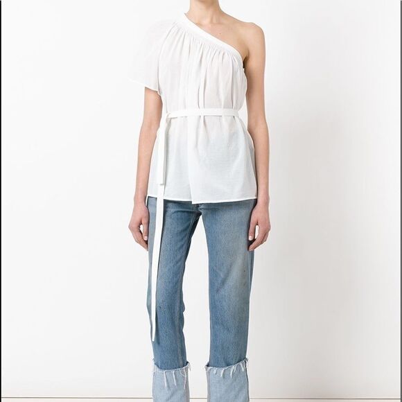 Helmut Lang One‎ Shoulder Cotton Gauze Belted Shirt Large Asymmetrical Tie loose - Picture 1 of 6